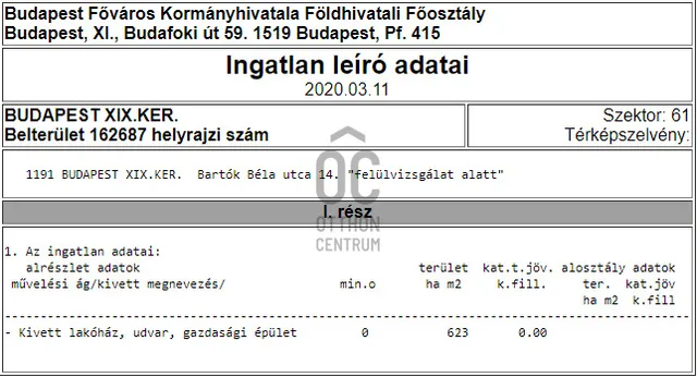 Eladó telek Budapest XIX. kerület, Felső Kispest 629 nm