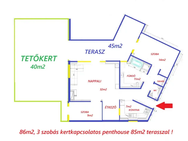 Eladó lakás Budapest XIII. kerület, Tetőteraszos penthouse kertkapcsolattal 86 nm