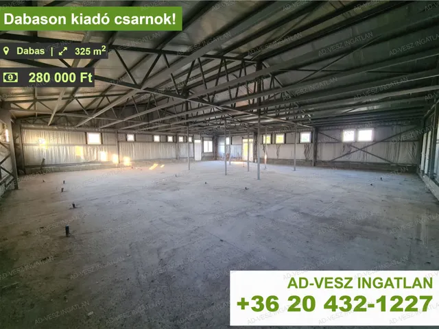 Kiadó kereskedelmi és ipari ingatlan Dabas 325 nm