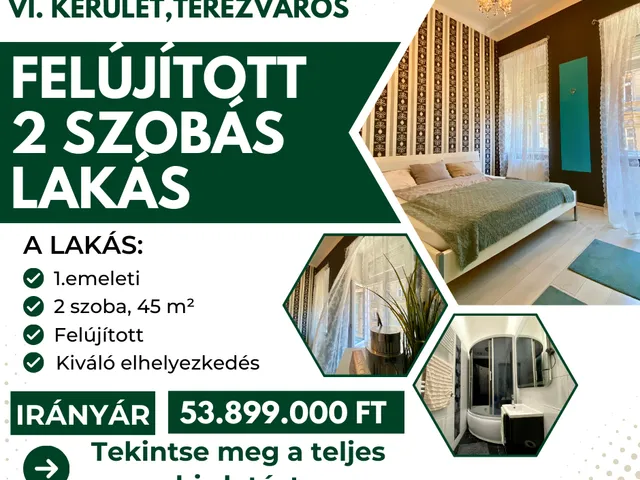 Budapest VI. kerület eladó téglalakás 2 szobás: 53,89 millió Ft