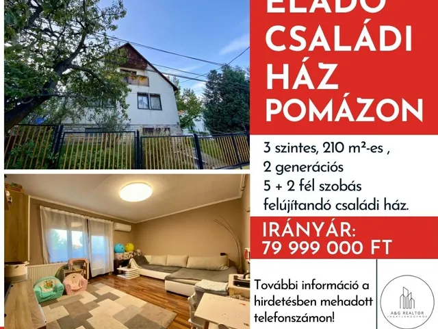 Pomáz eladó családi ház 5+2 fél szobás: 79,99 millió Ft