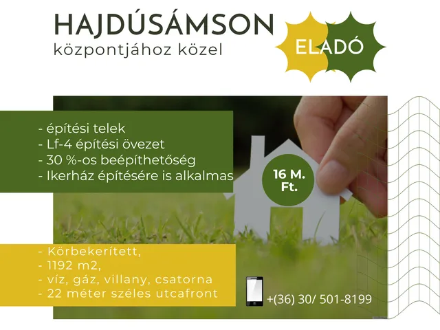 Eladó telek Hajdúsámson 1192 nm