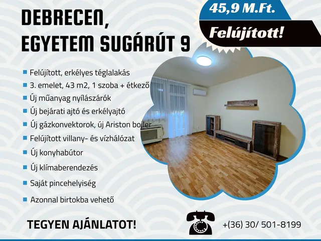 Eladó lakás Debrecen, Egyetemváros 43 nm