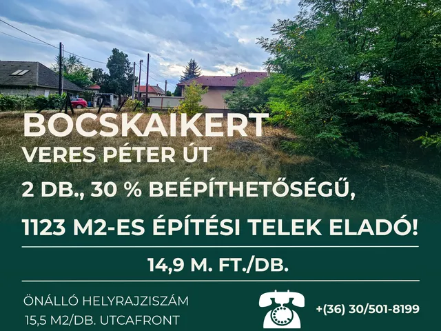 Eladó telek Bocskaikert 1123 nm