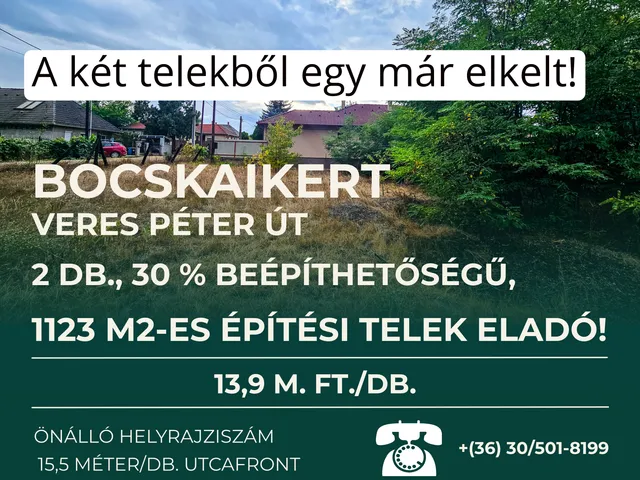 Eladó telek Bocskaikert 1123 nm