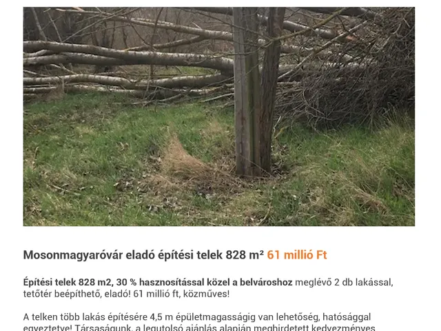 Eladó telek Mosonmagyaróvár, Magyaróvár 828 nm