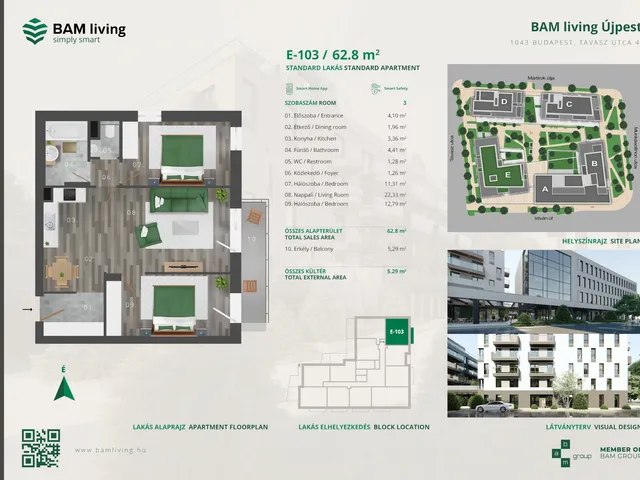 Eladó 3 szobás téglalakás 82,58 millió Ft értékben Budapest IV. kerületben - Bam Living lakóparkban