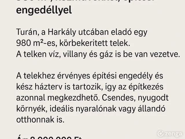 Eladó telek Tura 980 nm