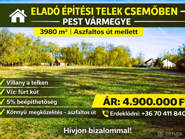 Eladó telek Csemő 3980 nm